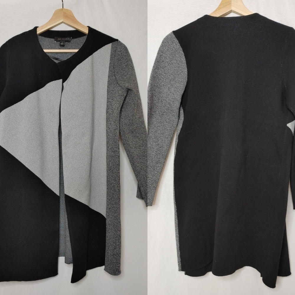 Ann Taylor Sweater Cardigan Blazer Coat Open Front Long Line Colorblock‎ Gray S